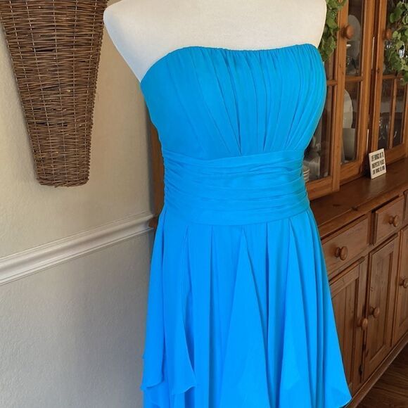 David’s Bridal Turquoise Strapless Pleated Waistband Shark Hem Party Dress Sz 10 - Picture 3 of 16